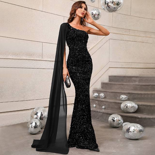 Faeriesty Elegant Shimmering Sequin Asymmetrical Neck Mermaid Gown â Perfect For Luxury Weddings, Evening Parties, Award Ceremonies, Black Tie Events, And Red