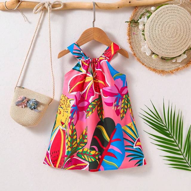 SHEIN Baby Girl Tropical Printed Colorful Casual Halter Dress