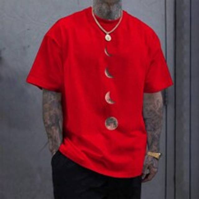 Män Enfärgad rundhalsad månetryckt kortärmad sommar T-shirt - Röd (L,M,S,XL,XS,XXL)