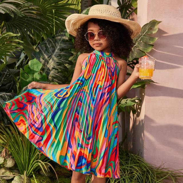 SHEIN SLAYR KIDS Young Girl&#39;s Vacation Spring/Summer Geometric Pattern Woven Pleated Halter Dress