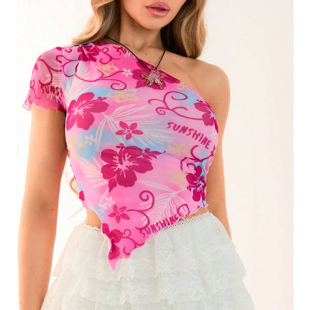 SHEIN One Shoulder Floral Print Music Festival Style Short Sleeve T-Shirt For Spring And Summer
