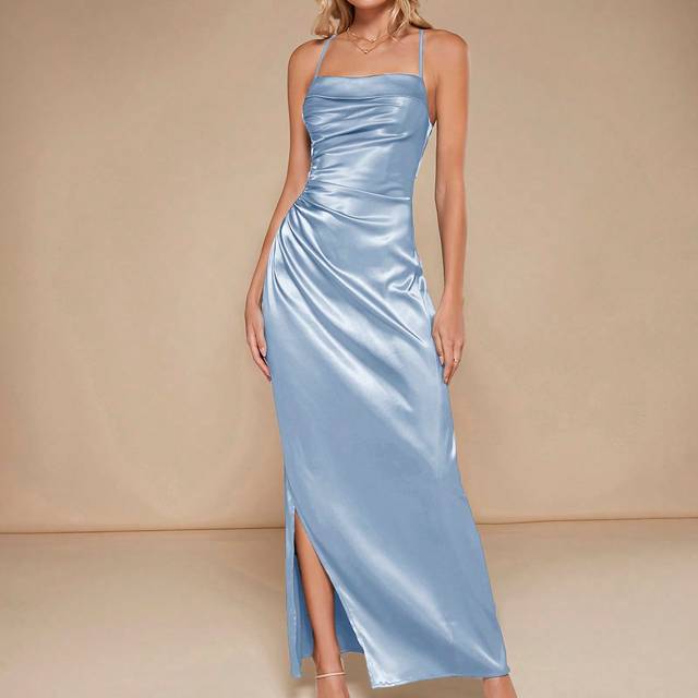 SHEIN Elegant Pleated Slit Simple Bridesmaid Dress With Spaghetti Straps