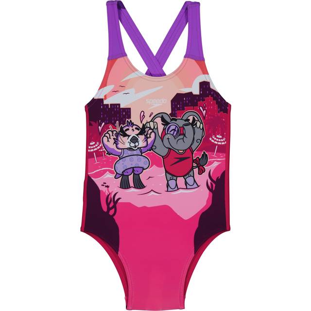 Girls Learn to Swim Printed Crossback Swimsuit Pink/Coral