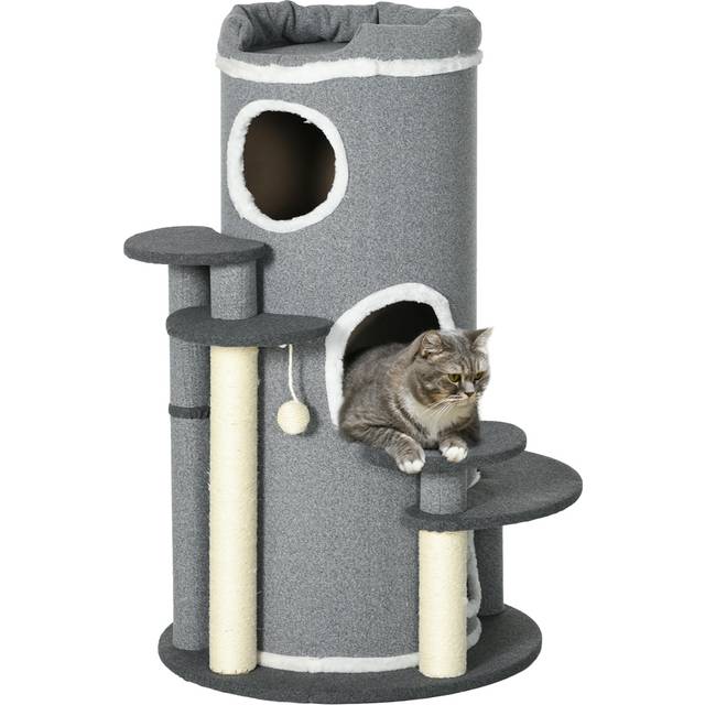 PawHut Barrel-Shaped Grey Indoor Cat Tree with Sisal Scratching Posts - 41 x 97 x 40cm