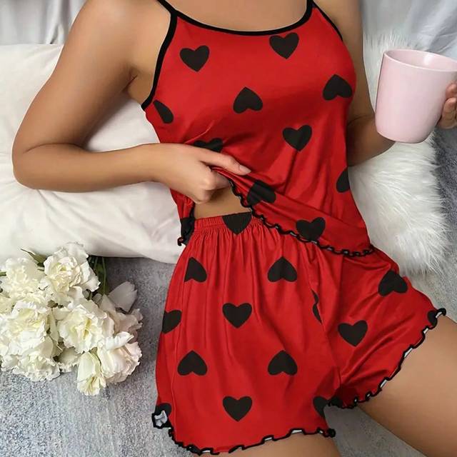 SHEIN Women Sleepwear Set Spaghetti Strap Backless Top And Heart Print Shorts Bridallingerie