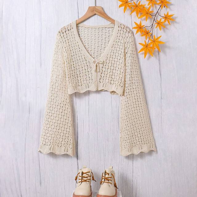 SHEIN Tween Girl Casual Casual Scallop Trim Trumpet Sleeve Pointelle Knit Crop Cardigan