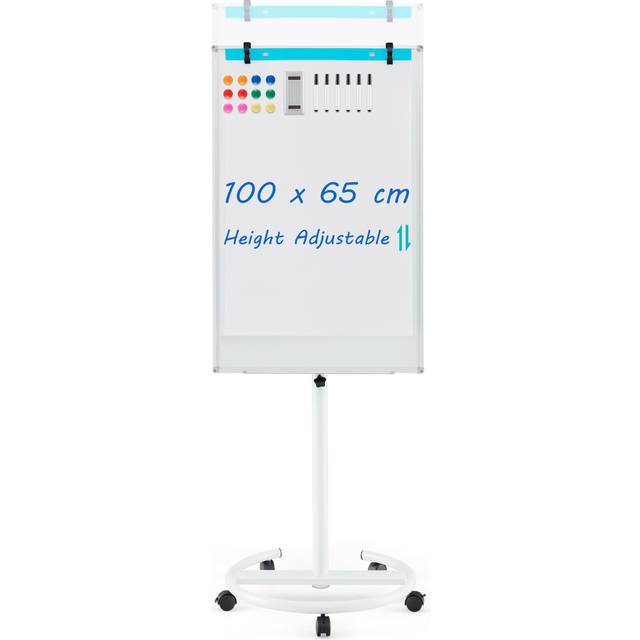 100 cm x 65 cm Height-Adjustable Magnetic Whiteboard on Wheels-White