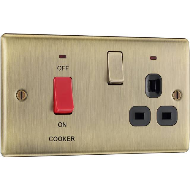 BG Nexus Metal 45A Cooker Switch & 13A DP Switched Socket 2 Gang + Neons CCU in Antique Brass