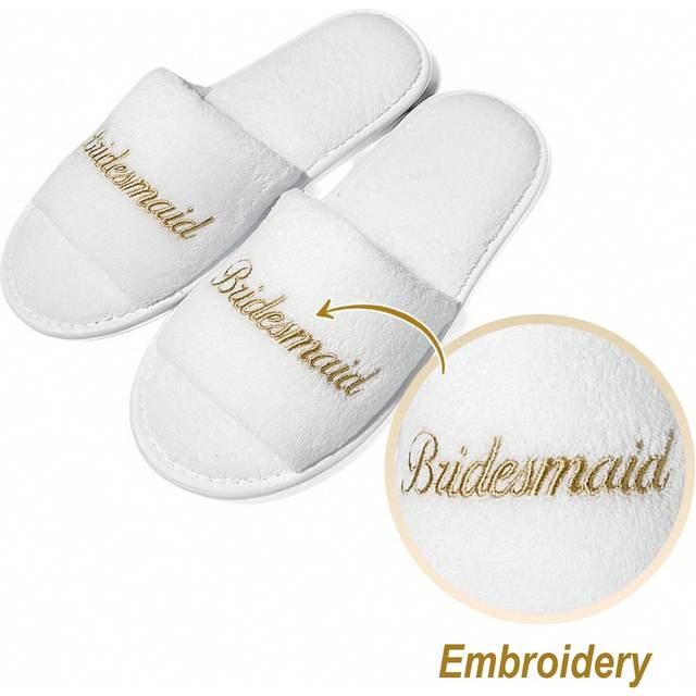 SHEIN Women&#39;s Gold Bridemaid Embroidered Logo Coral Fleece Slippers, Half-Covered Toes, Disposable, Suitable For Wedding, Bridesmaid