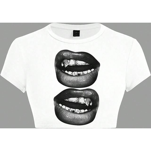 SHEIN Casual Simple Black Lip Print Round Neck Short Sleeve Cropped Tight Fit T-Shirt For Women, Summer Back To School Clothes