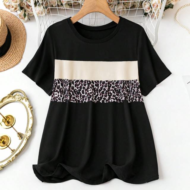 SHEIN Plus Size Leopard Print Color Block T-Shirt Graphic Cheetah Print Women Tee Top For Summer