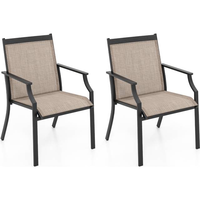 2 Piece Patio Dining Chairs with Breathable Seat and Metal Frame-Coffee
