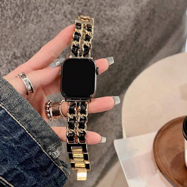 LuLuTom 1pc Black & Gold Fashion Luxury Double Chain Leather & Metal Bracelet Band Compatible With Apple Watch Band 38/40/41/42/44/45/49mm Compatible With App