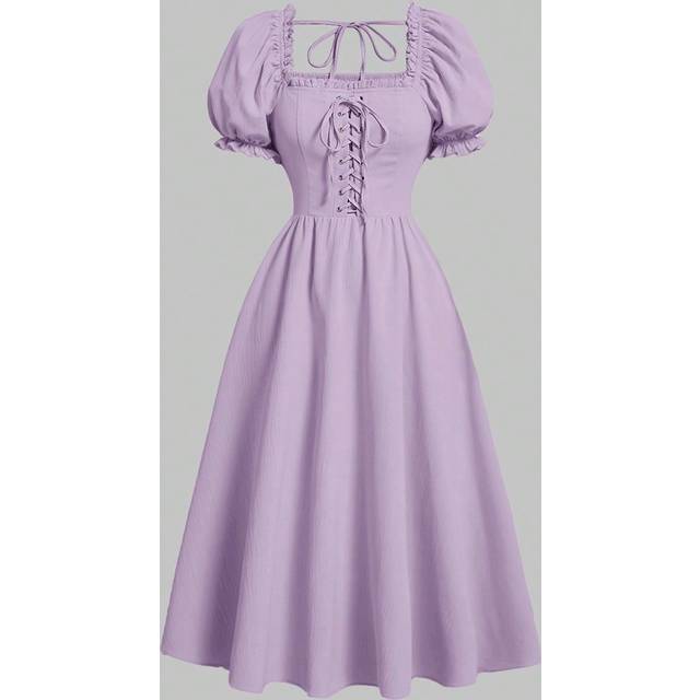 SHEIN Solid Lace Up Front Puff Sleeve Dress,Pastel Dresses For Women,Lavender Dress
