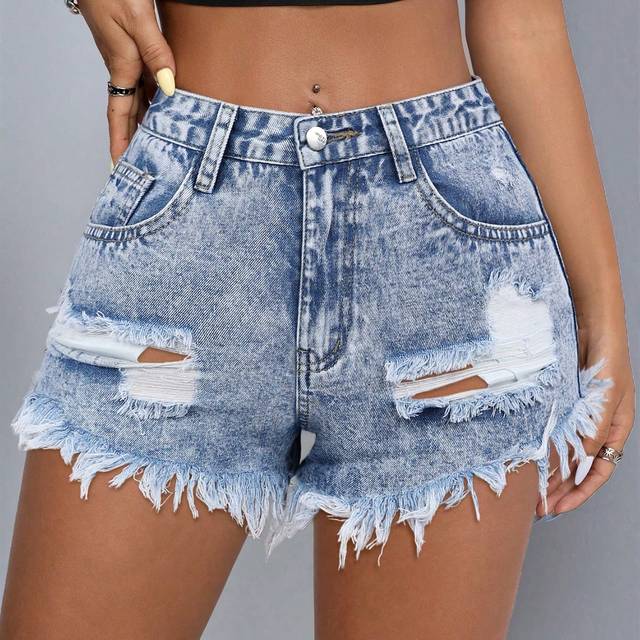SHEIN Women Pocket Distressed Frayed Hem Casual Denim Shorts