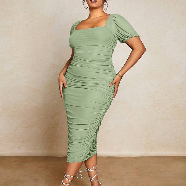 SHEIN Women&#39;s Plus Size Elegant Solid Color Square Neckline Ruched Bodycon Dress, Summer, Wedding Guest Dress,Birthday Dresses For Women