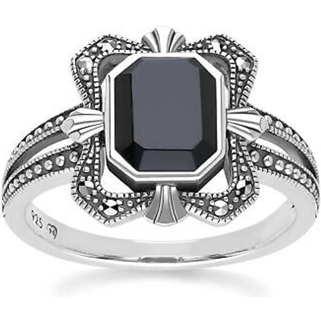 (P) Art Deco Style Baguette Onyx and Marcasite Ring in Sterling Silver