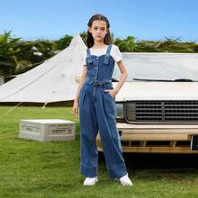 Tween Girl Dopamin Enfärgad Sommar Bred Strap Top & Jeans Tvådelad Set - Mediumtvätt (8Y,9Y,10Y,11Y,12Y)