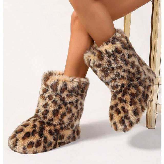 SHEIN Leopard Print & Polka Dot Furry Snow Boots For Women, Plush, Thick, Warm, Fluffy Lined Mid-Calf Colored Shearling Boots