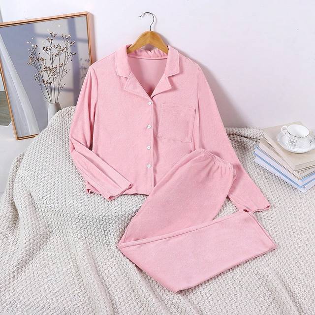 SHEIN Teen Girls Flame Retardant Pajama Set, 2pcs - Soft Terry Cloth, Long Sleeve Top And Pants, Casual Loungewear