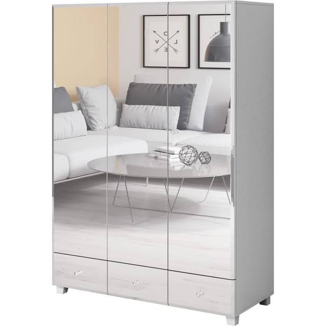 Sleek White Alhaji Hinged Door Wardrobe 129cm - Mirrored Fronts, Ample Storage (185cm H X 129cm W X 55cm D)