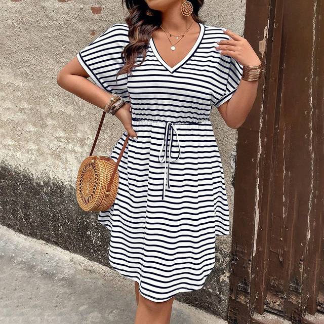 SHEIN Plus Size Women V-Neck Batwing Short Sleeve Waist Tie Striped Casual Dress For Summer