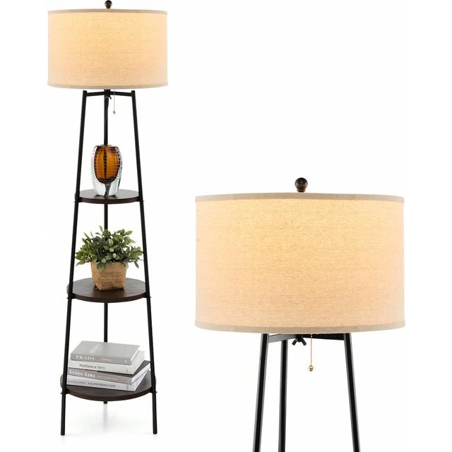 GymaxMore 1.5M Corner Floor Lamp W/ 3-Tier Shelves & Round Linen Lampshade, Modern Standing Tall Bookshelf Lamp For Living Room, Bedroom, Study & Office, Metal