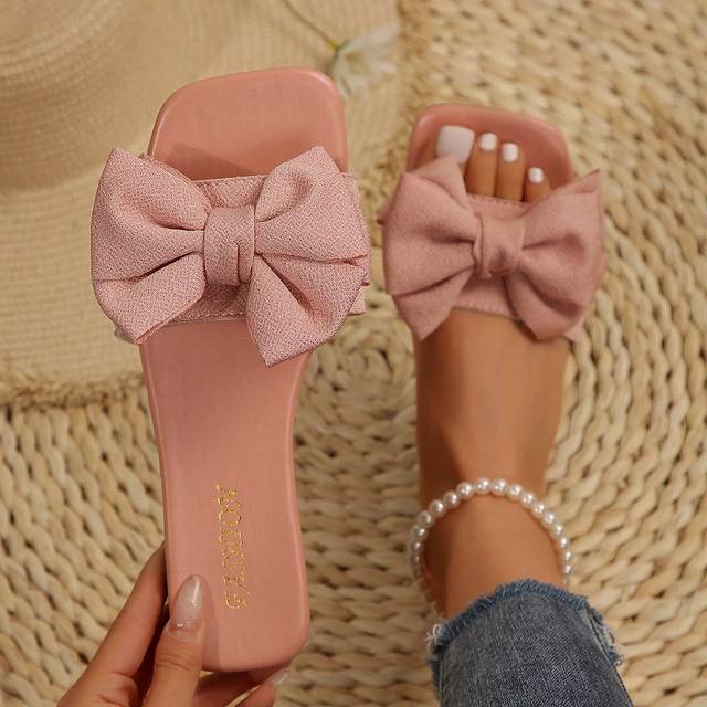 SHEIN European And American Style Comfortable And Simple Plus Size Women&#39;s Flat Sandals With Open Toe, Bowknot Decoration, Fabric Surface And Square Toe, Li