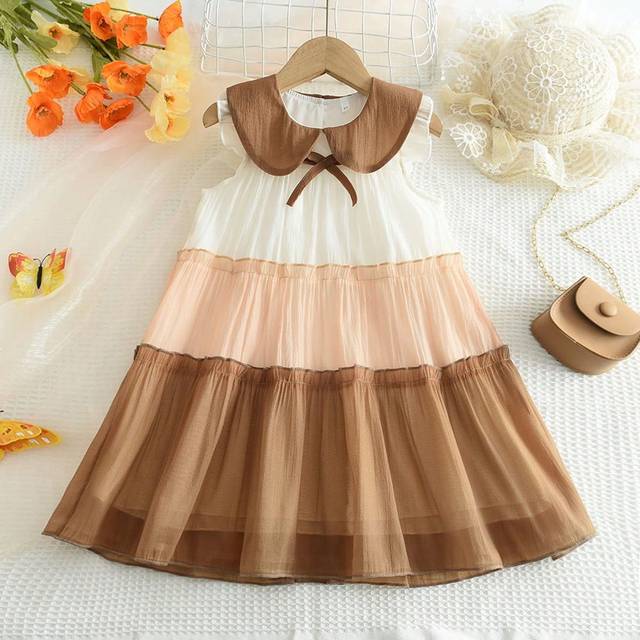 SHEIN Young Girl Peter Pan Collar Sleeveless Dress With Colorblock Bow Knot And Ruffle Hem Decoration, Summer