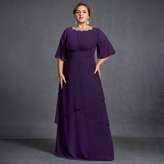 SHEIN Elegant Plus-Size Evening Gown With Beaded Round Neckline, Three-Quarter Flutter Sleeves & Asymmetrical Layered Hemline â Structured Waist For Curvy