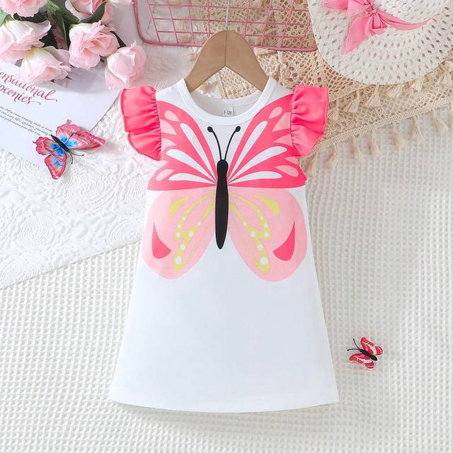 SHEIN Summer Baby Girls&#39; Cute Cap Sleeve Butterfly Print Casual Dress