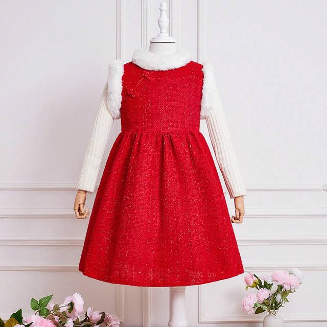 SHEIN Girls&#39; Chinese Style Frog Buttoned Mid-Length Dress
