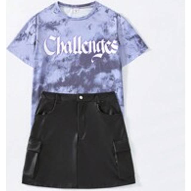 Teen Girl Casual Street Tie-Dye-tryck överdimensionerad T-shirt och läderkjol Set med texttryck - Svart (14Y,13Y,16Y,15Y)
