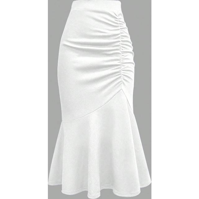 Rafferiza Women&#39;s High Waisted Solid Color Pleated Fish Tail Hem Elegant Skirt