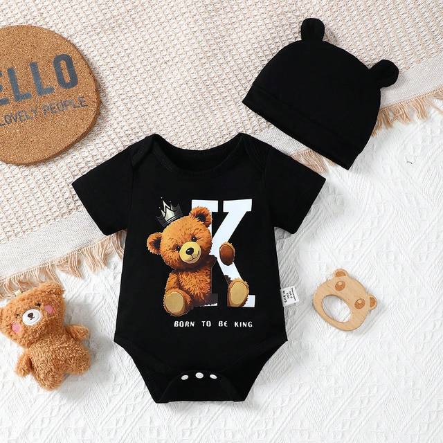 SHEIN Newborn Baby Boy Cute Bear Printed Bodysuit With Hat