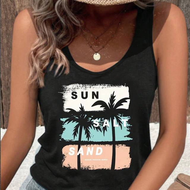 INAWLY Women Coconut Tree Print Wide Strap Tank Top For Summer Graphic Tees Women Tops
