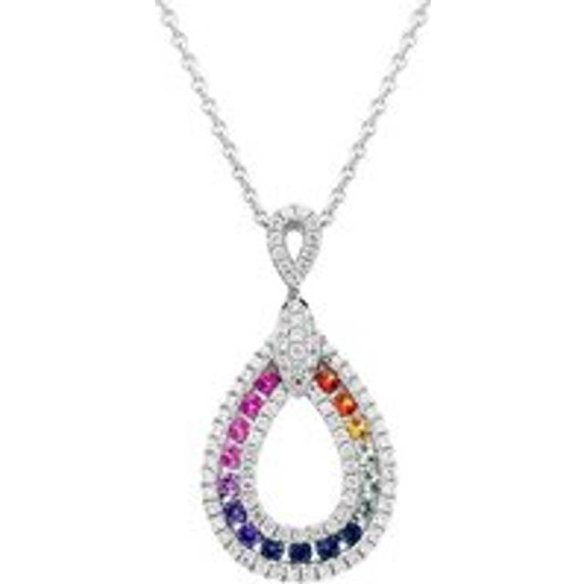 18ct White Gold Mixed Sapphire Diamond Open Pear Drop Necklace