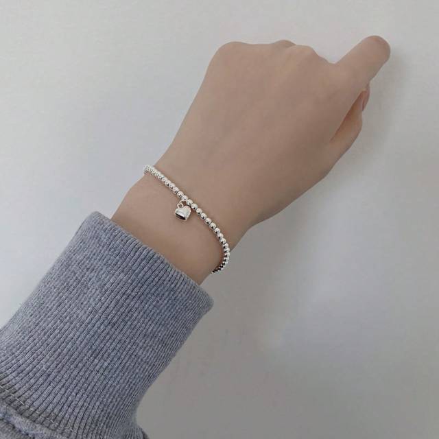 SHEIN 1pc S925 Sterling Silver Heart Shape Bead Elastic Bracelet