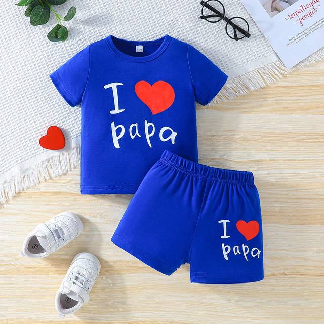 SHEIN 2pcs/Set Casual Infant Baby Boys/Girls Fathers Day &#34;I Love Daddy&#34; Letter Print Short Sleeve T-Shirt And Shorts Outfit Set, Spring/Summer