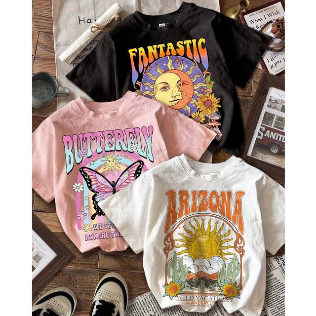 SHEIN 3pcs/Set Tween Girls Casual Sunflowers, Butterflies, Vintage Landscape Graphic Print Tees, Versatile Summer T-Shirts