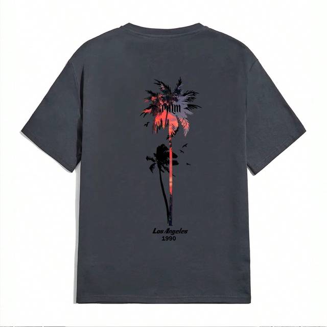 SHEIN Plus Size Men&#39;s Summer Palm Tree Print Crew Neck Short Sleeve Casual T-Shirt