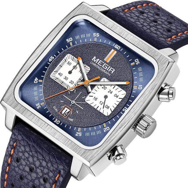 MEGIR Men's Rectangle Business Work Analogue Quartz Chronograph Luminous Sport Wrist Watch with Leather Strap ML2182G black