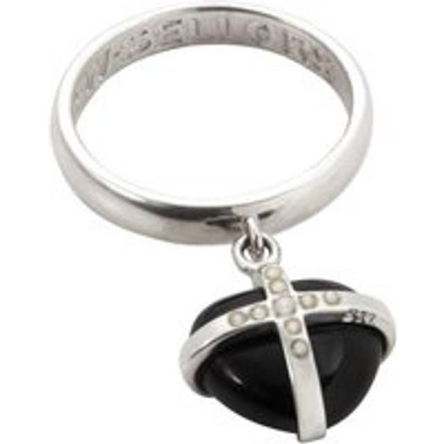 Silver Whitby Jet Nine Pearl Small Cross Heart Dropper Ring - Silver