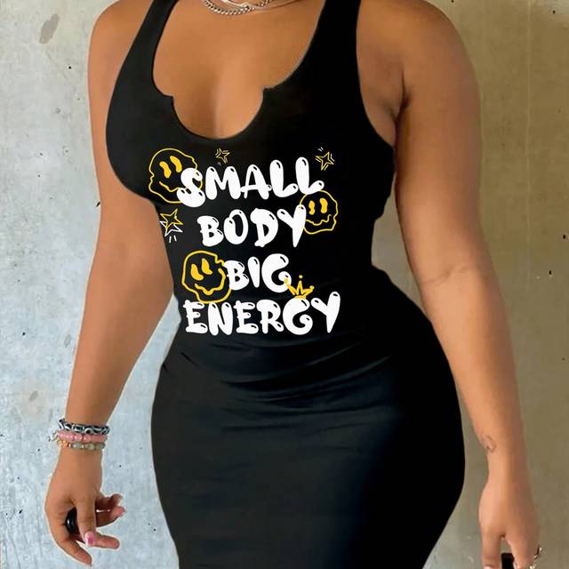 Slaydiva Casual Minimalist Graffiti Smiling Face & &#34;Small Body Big Energy&#34; Letter Graphic Print Women Tight Fitting Spaghetti Strap V-Neck Bodycon Mini Dress,