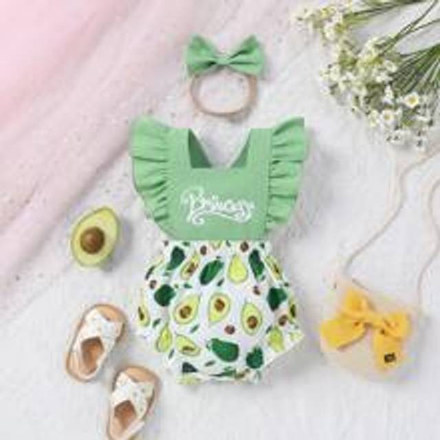 Baby Girl Brevtryck Volanger Crossover Bib Patchwork Avokadotryck Romper & Pannband Set, Lämplig för vår/sommar - Multifärgad (6-9M,9-12M,12-18M,3-6M,0-3M)