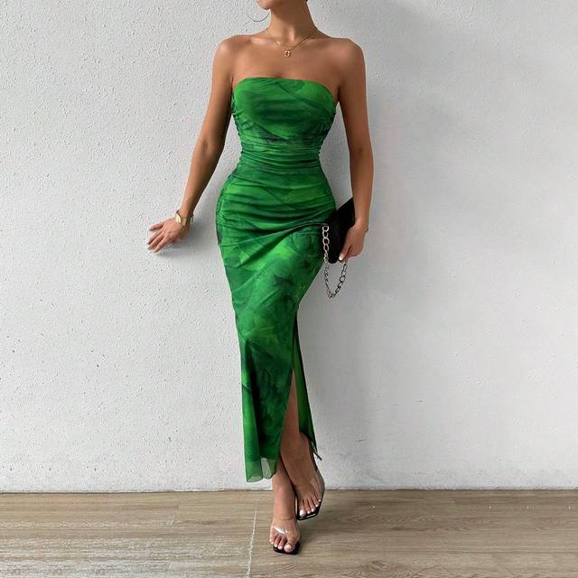 Rafferiza Women Summer Tie-Dye Printed Elegant Slim Fit Strapless Dress With Side Slit Hemline Maxi Women Outfit