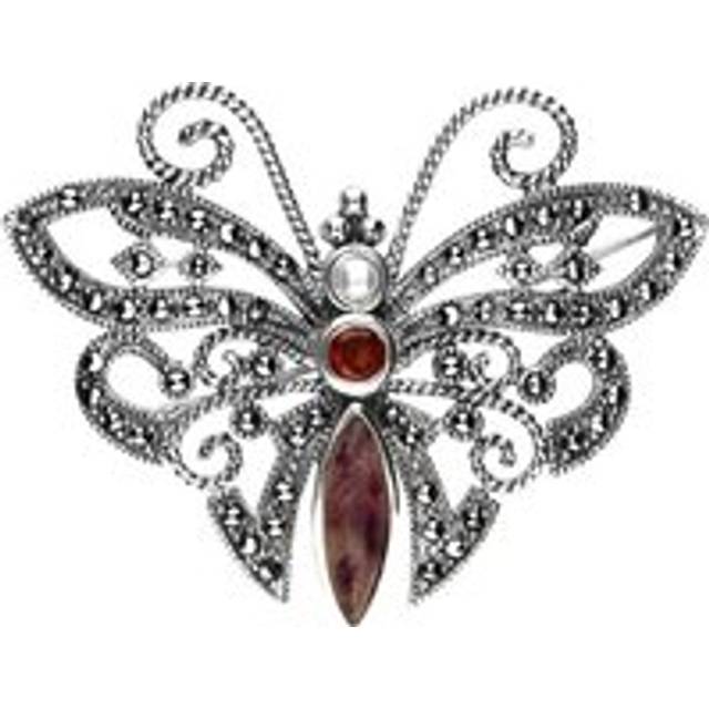 Sterling Silver Blue John Marcasite Garnet Pearl Style & Fashion Butterfly Brooch - Silver