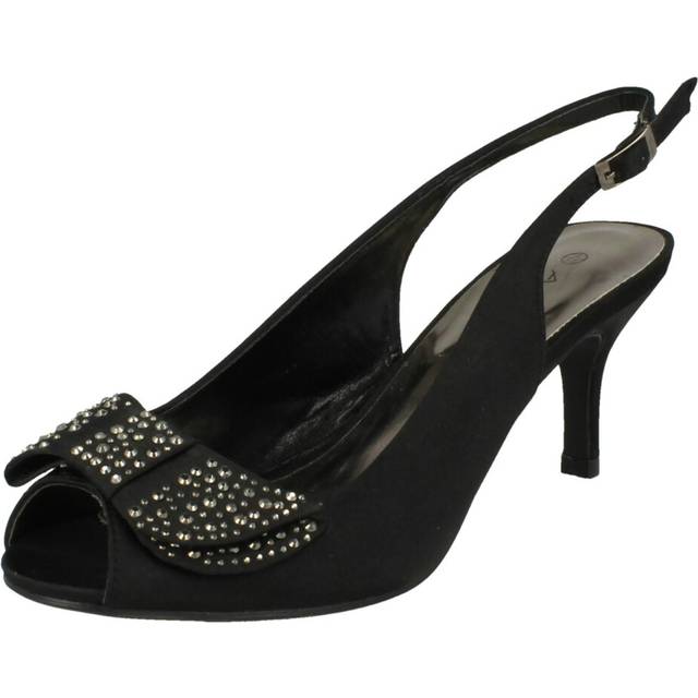 (UK 5, Black) Ladies Anne Michelle Mid Heel Peep Toe Diamante Bow Vamp Court Shoes