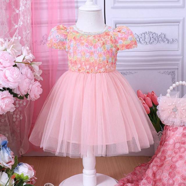 SHEIN Baby Girl Cute Party Dress With 3d Flower Bubble Sleeves And Mesh Hemline