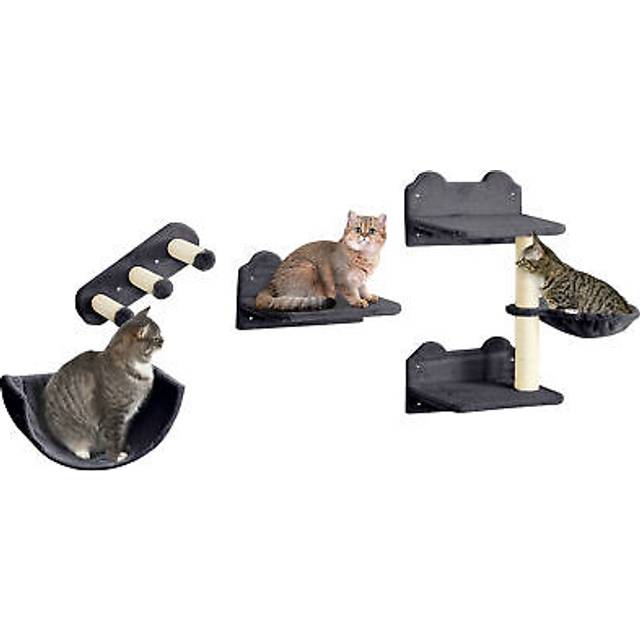 Pawhut 4pcs wall mounted cat tree cat wall shelves w/ scratching post dark grey